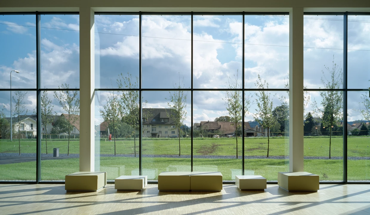 Large window overlooking meadow and buildings in the background