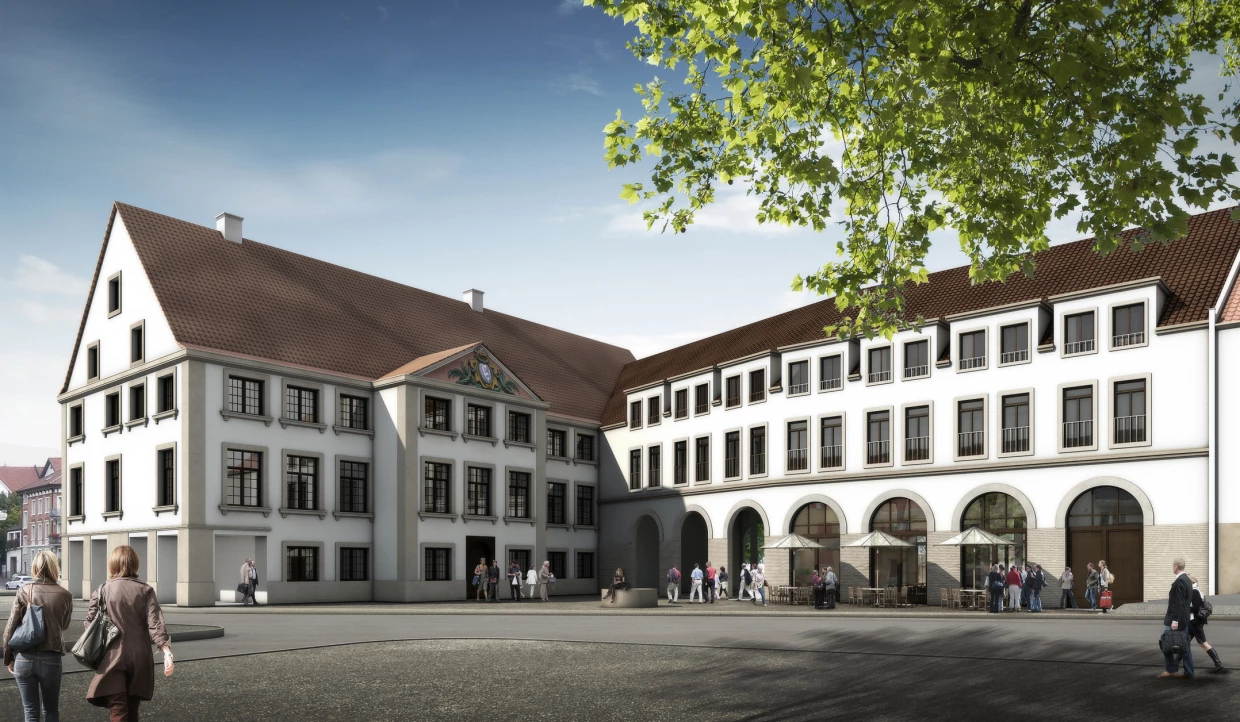 Mehrstöckiges Gebäude mit Satteldach, umgeben von Personen