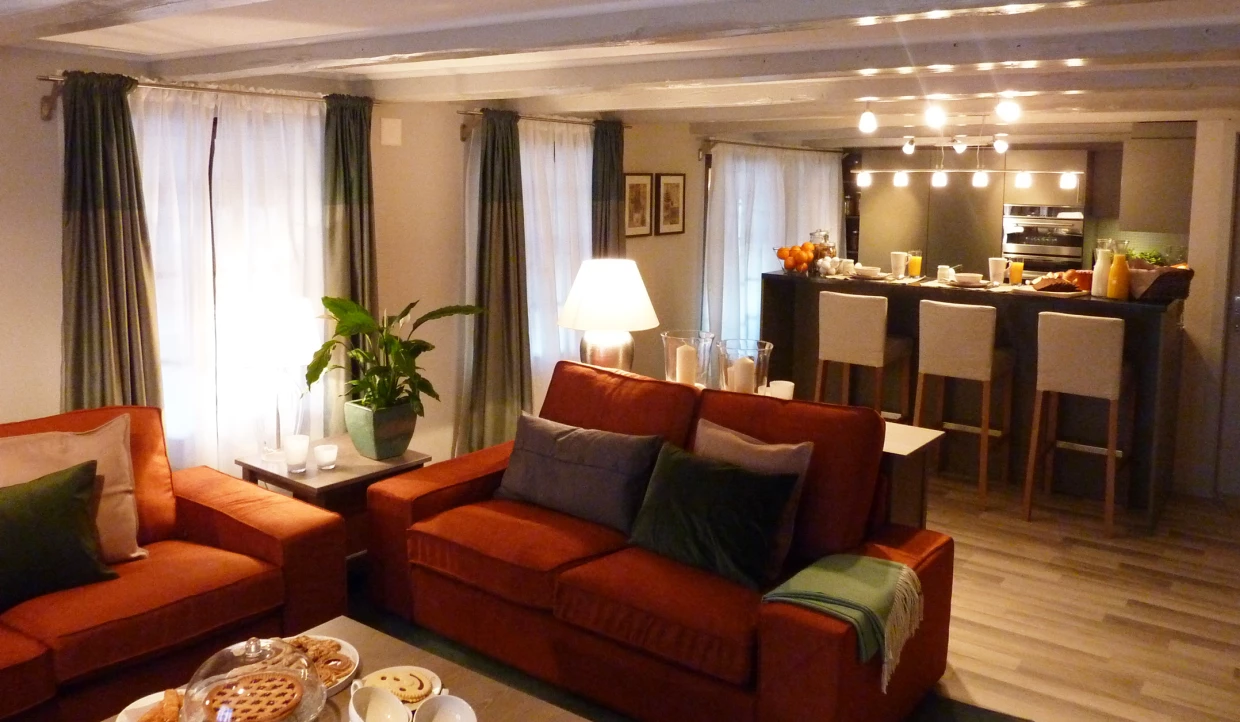 Wohnzimmer mit zwei orangefarbenen Sofas und offener Küche