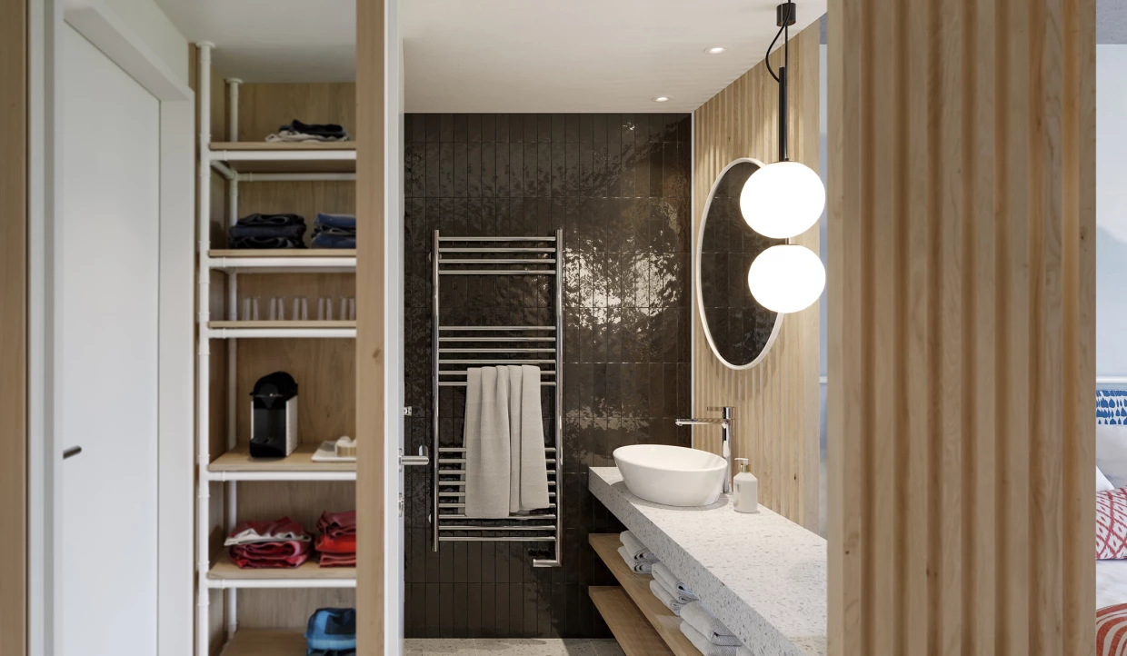 Modern bathroom with wall mirror, sink, and shelves