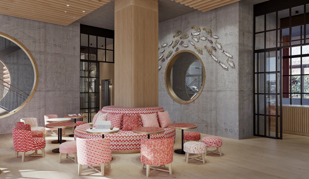 Seating area with red pattern and round tables in modern design