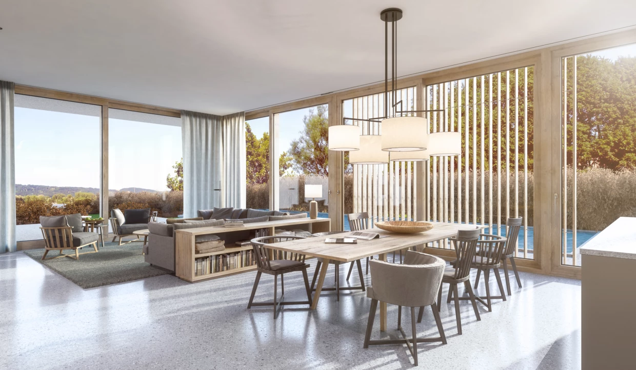 Helles Wohnzimmer mit großem Esstisch und Panoramafenstern