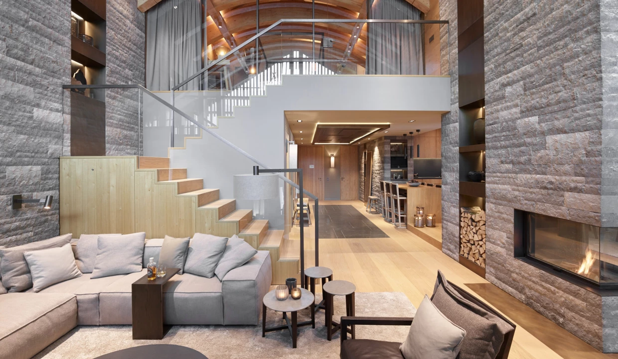 Modern living room with stairs and fireplace