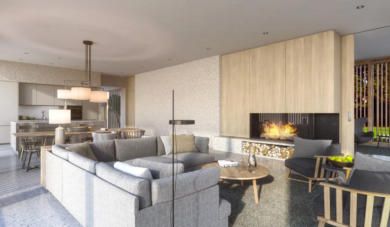 Wohnzimmer mit Kamin, grauem Sofa und offener Küche